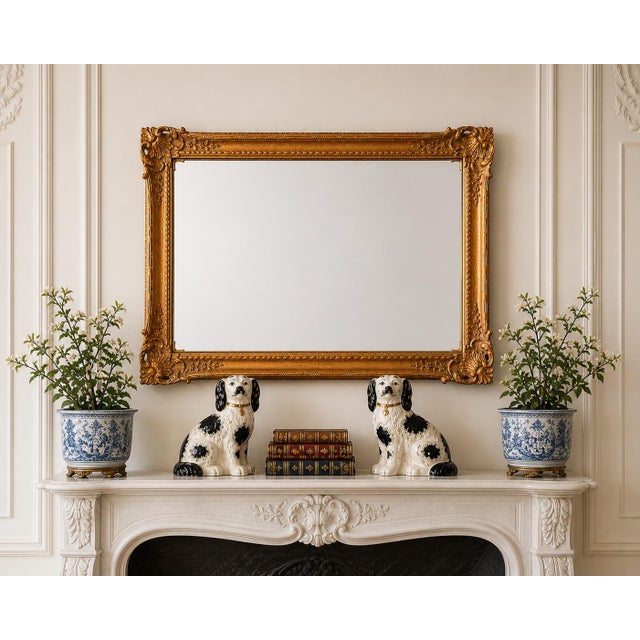 Generously scaled gilt wood mirror with exuberant rococo carving — acanthus leaf corners, foliate scrollwork, and a beaded...