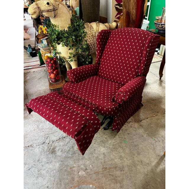 Up for consideration is a beautiful vintage red covered reclining rocking chair. This would look lovely in your home, and...