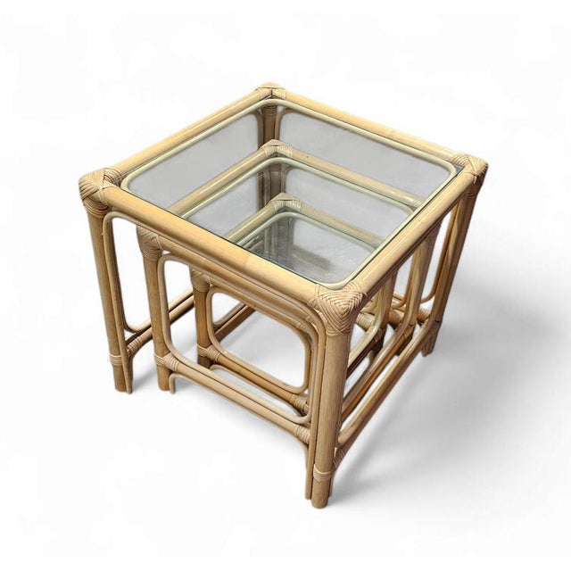 Bamboo Nesting Side Tables with Clear Glass Tops, 1970s, Set of 3 For Sale - Image 10 of 12