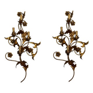 Large Florentine Gold Gilded Tole Sconces, 1960s, Set of 2 For Sale