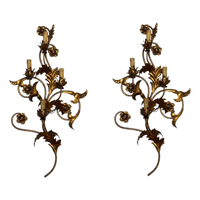 Large Florentine Gold Gilded Tole Sconces, 1960s, Set of 2 For Sale