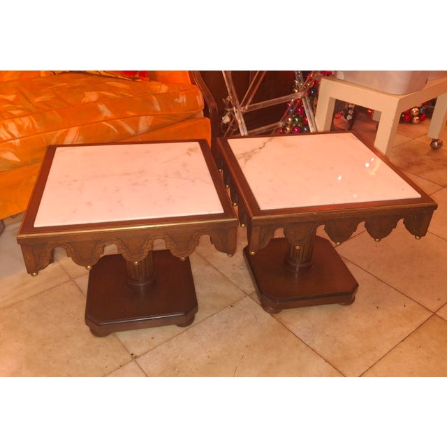 Traditional 1910-20 Italian Venetian Regency Carved Mahogany/ Gilt Marble Topped Side/ Accent Tables a - Pair For Sale - Image 3 of 12