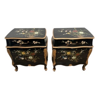 Vintage Set of Two Chinese Nightstands Side Tables Chinoiserie Hand Painted For Sale