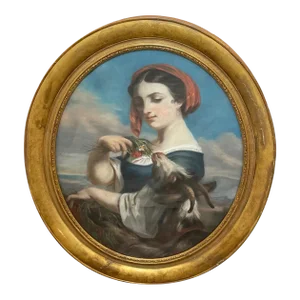 Oval Mid 19th Century French Neapolitan Genre Painting Young Woman Feeding Goat Flowers