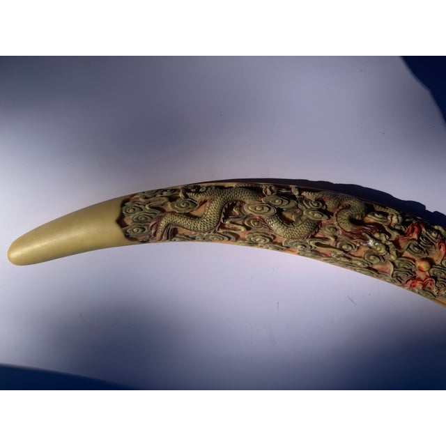 Ivory Vintage Mid-Century Chinoiserie Faux Ivory Carved Resin Dragon Tusk 23” Long Statement Piece For Sale - Image 8 of 12