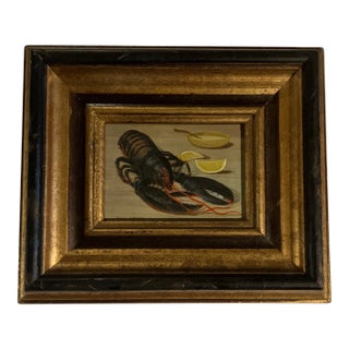 1980’s Original Miniature Lobster With Lemons Painting Original Frame Signed For Sale