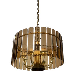 1970’s Hollywood Regency Brass & Smoked Glass Chandelier For Sale