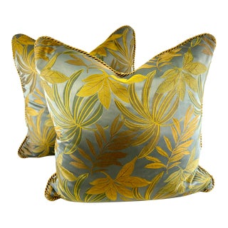 Vintage Embroidered Silk Accent Pillows in Sage and Gold With Braided Trim, a Pair For Sale