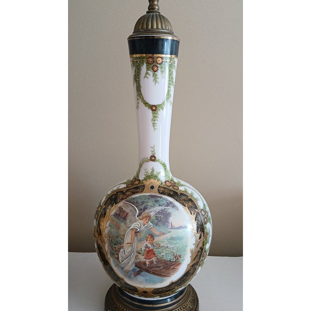 Early 20th Century Angel & Child Antique Opaline Hand Painted, Gilt, and Bronze Lamp -a Pair For Sale - Image 5 of 16