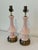Vintage C. 1950s-60s mid century modern pink speckled Murano glass table lamps on pierced brass bases. No harps or shades...