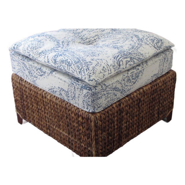 Blue & White Upholstered Rattan Ottoman For Sale