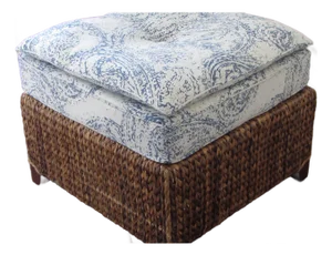 Blue & White Upholstered Rattan Ottoman