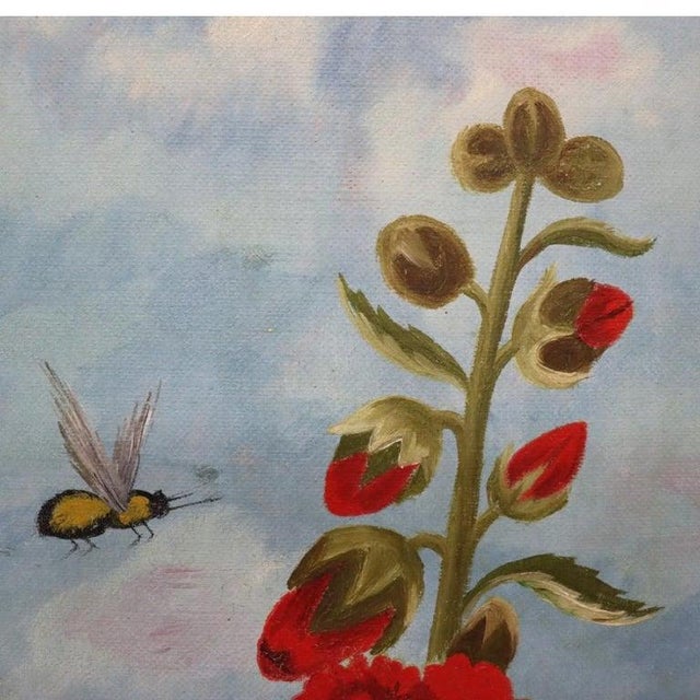 Unsigned Oil on Canvas Floral Painting of Garden Hollyhocks With Bees C1900 For Sale - Image 11 of 17