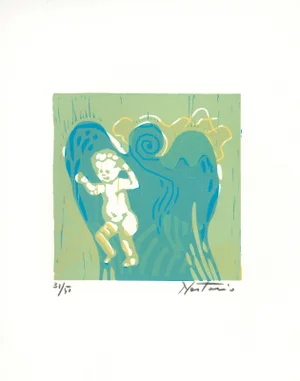 "Child With Angel" Signed 1974 Woodblock Engraving by Alessandro Nastasio