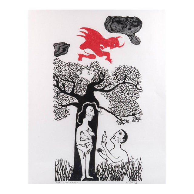 Late 20th Century Naul Ojeda Woodcut Print "Lunchtime", For Sale