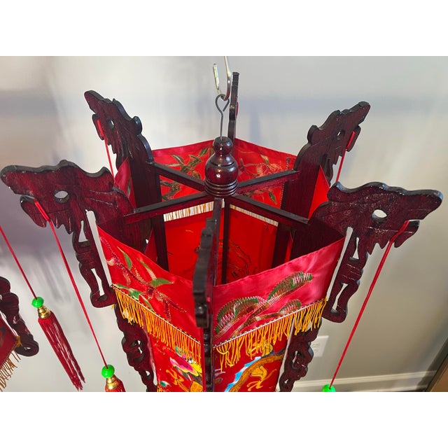 Wood Vintage Mid 20th Century Red Chinese Palace Lanterns With Embroidered Dragons and Tassels - a Pair For Sale - Image 7 of 12