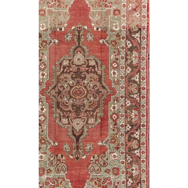Keivan Woven Arts- Antique Turkish Oushak Carpet with Medallion in Soft Red, Light Green and Brown. Rug/. Antique Oushak,...