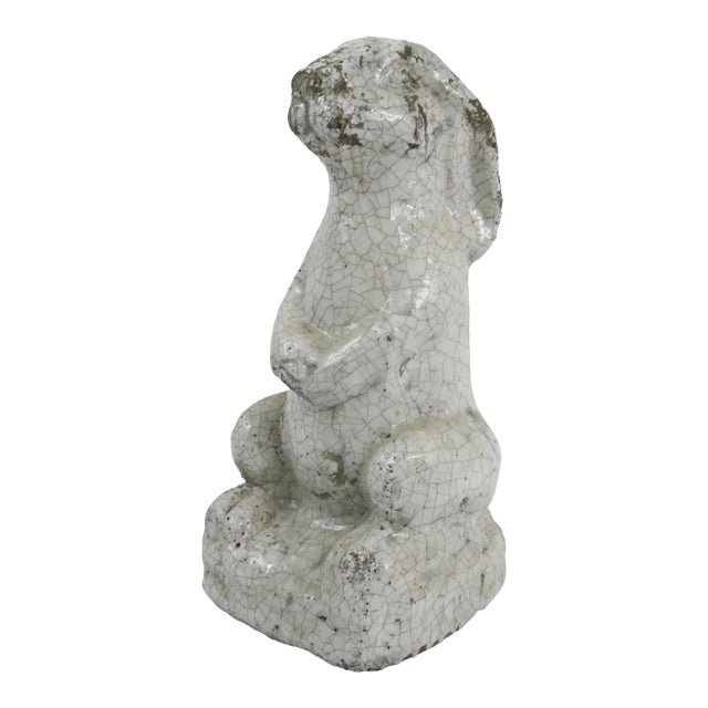 Terra Cotta Rabbit Garden Statue in Off White Craquelure Glaze For Sale