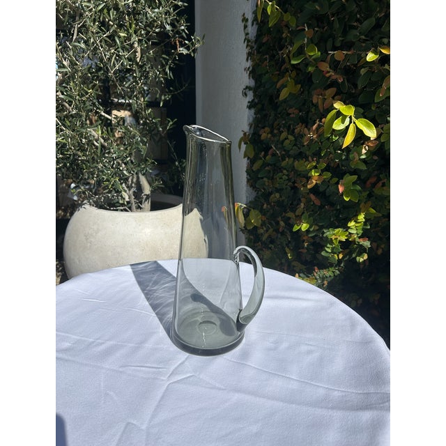 Glass Vintage Smoky Gray Glass Tall Pitcher Vase With Handle For Sale - Image 7 of 15