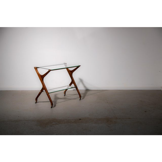 Metal Brass and Glass Serving Trolley in Oak, 1970s For Sale - Image 7 of 7