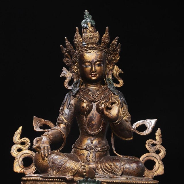 Late 20th Century Large Vintage Gilt Bronze Green Tara Statue / Tibetan Buddhist Figure For Sale - Image 5 of 9