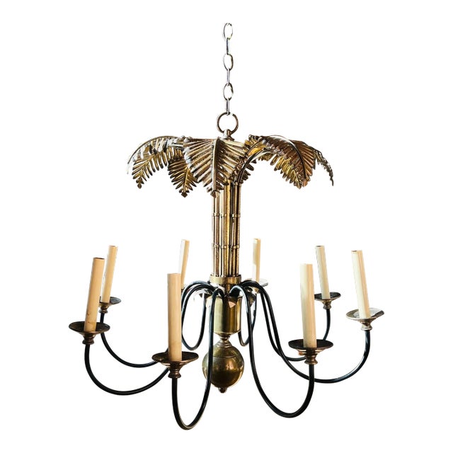 Vintage Brass Palm Frond Leaf Tree 8 Light Chandelier Faux Bamboo Palm Beach For Sale
