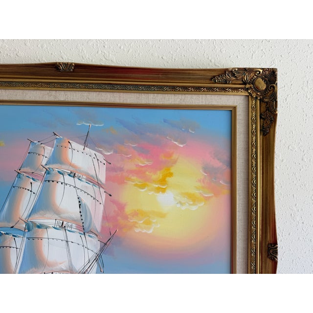 Original Marine Oil Painting Tall Ship on Open Sea Nautical Seascape Gold Frame For Sale - Image 11 of 11