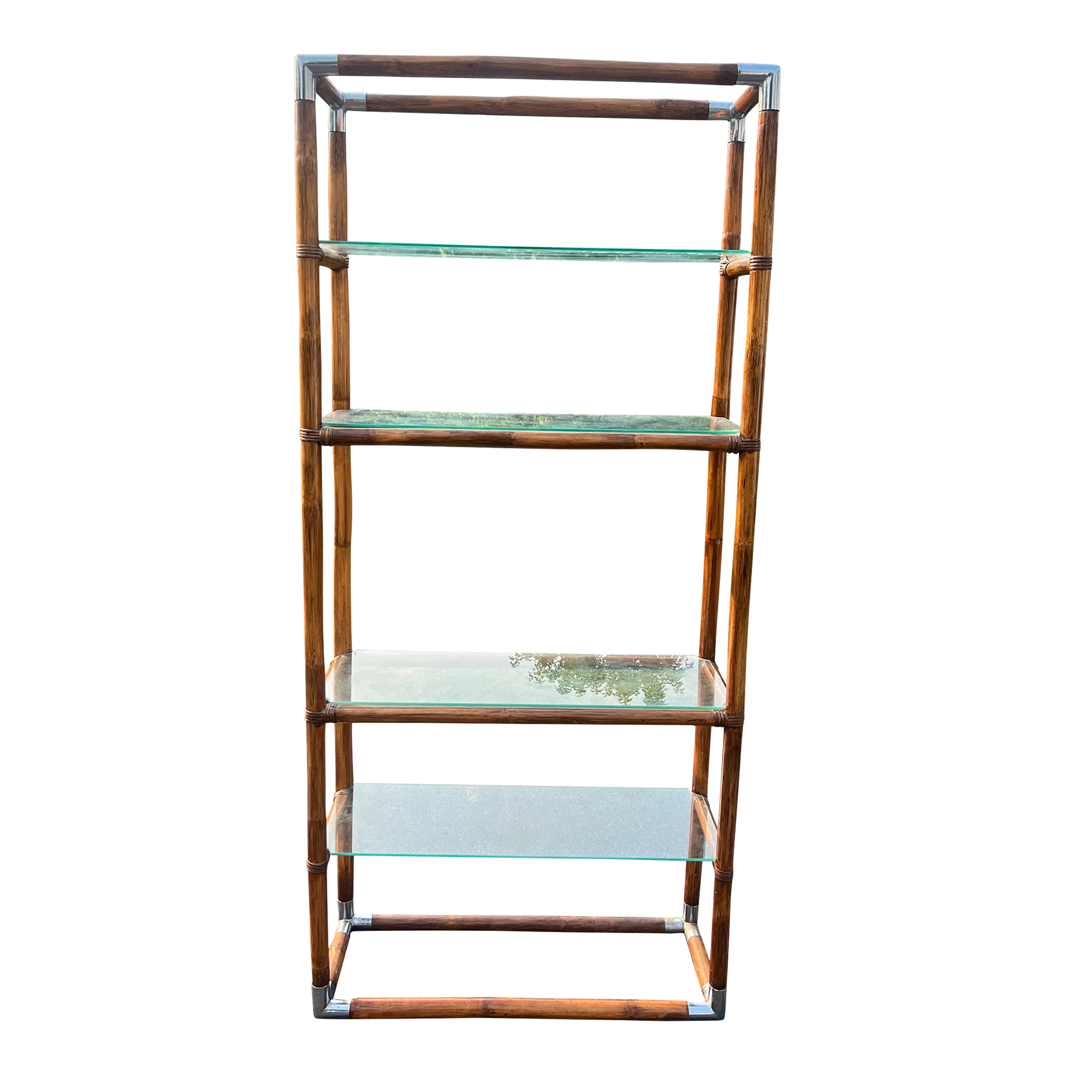 Vintage Hollywood Regency Style MCM Chrome, Bamboo & Glass Etagere