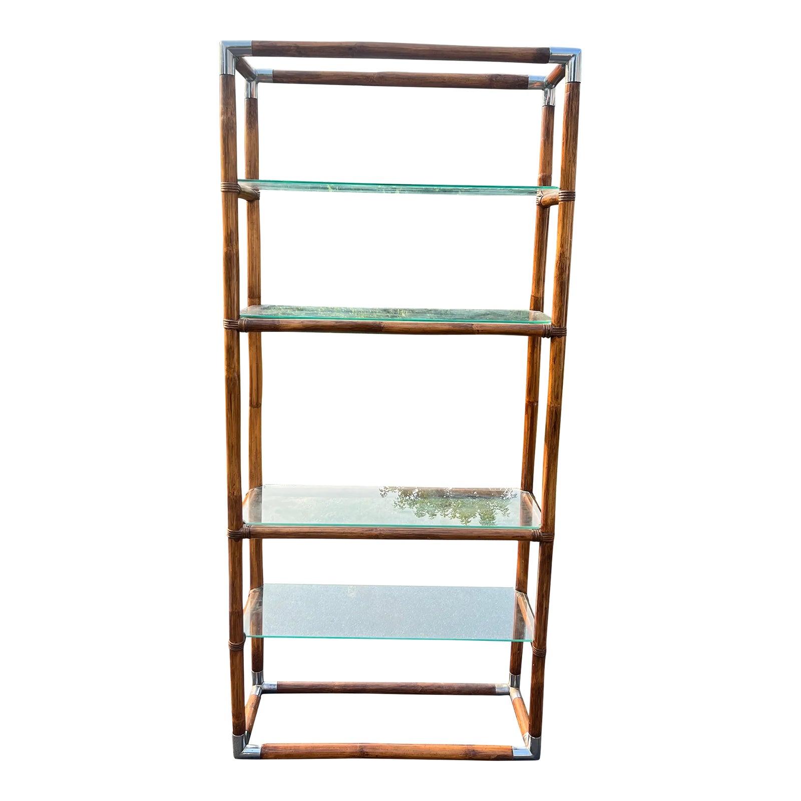 Vintage Hollywood Regency Style MCM Chrome, Bamboo & Glass Etagere