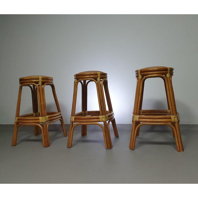 Bamboo Stools with Leather Seats, 1970s, Set of 3 For Sale - Image 13 of 15