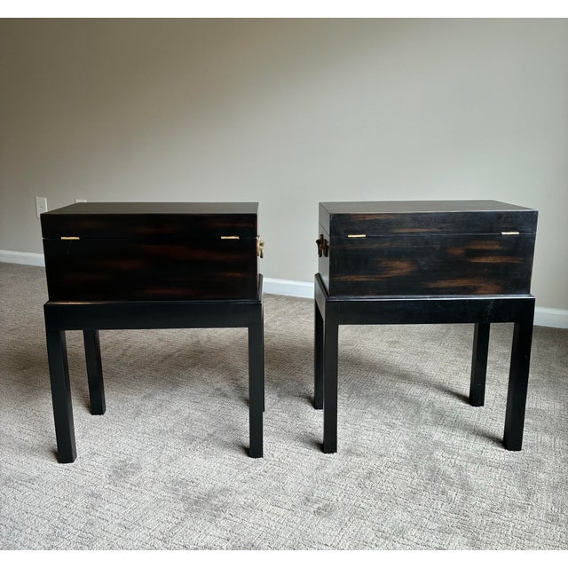 English Late 20th Century Pair of John-Richard Ebonized Storage End Tables With Brass Hardware For Sale - Image 3 of 11