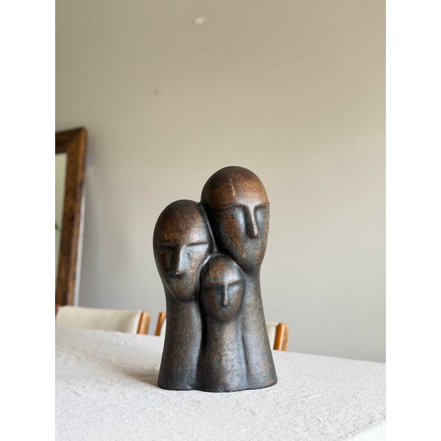 1970s Modernist Three-Head Bust Sculpture of Bronzed Terracotta in Brancusi / Modigliani Style Abstract Figurative Ceramic For Sale In Los Angeles - Image 6 of 12
