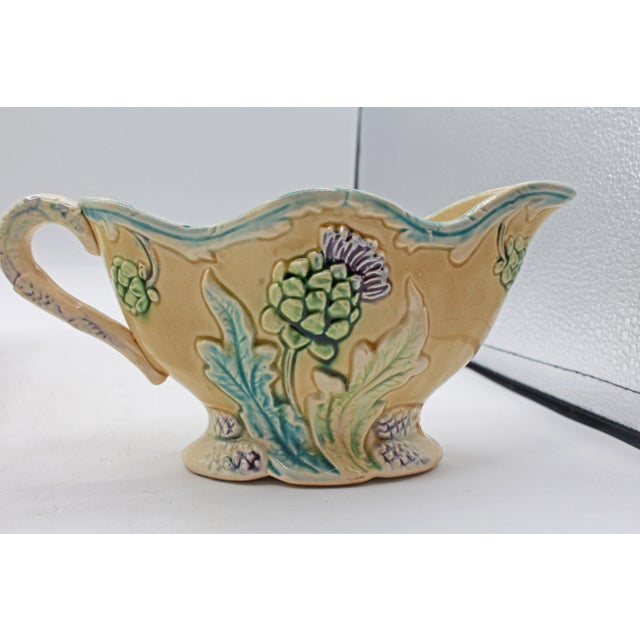 Circa 1900 French majolica asparagus serving tray with drainer & sauce boat. By Five-Lille, pattern 1305 by Gustave...