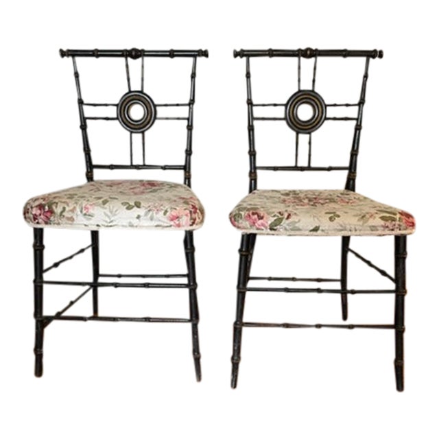 Pair of Vintage Faux Bamboo Style Hallway Chairs in Black With Gold