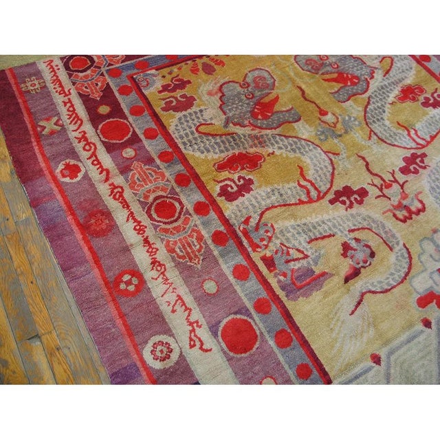 1890s Yellow Dragon Qing Antique Chinese Ningxia Banner Square Wool Rug For Sale - Image 4 of 9