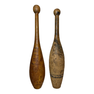 Pair Antique 19th Century Handmade Folk Art Wood Exercise Weight Indian Club Pin