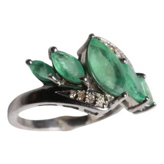 Marquise Emerald and Diamond Cluster Ring, Size 7 For Sale