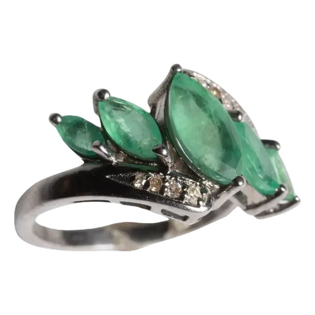 Marquise Emerald and Diamond Cluster Ring, Size 7 For Sale