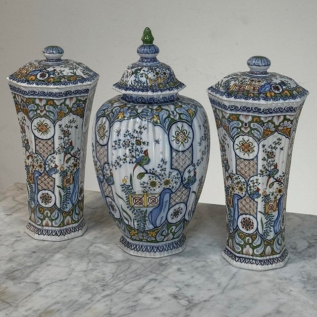 Chinoiserie Set of Three Antique Boch Frères Keramis Hand-Painted Lidded Vases For Sale - Image 3 of 18