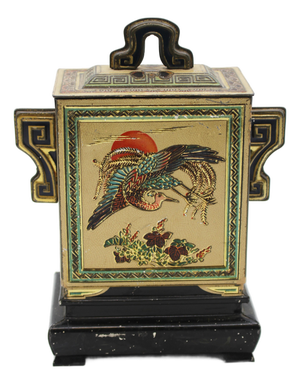 1920 English Huntley & Palmers Chinoiserie Jar on Stand Biscuit Tin Box