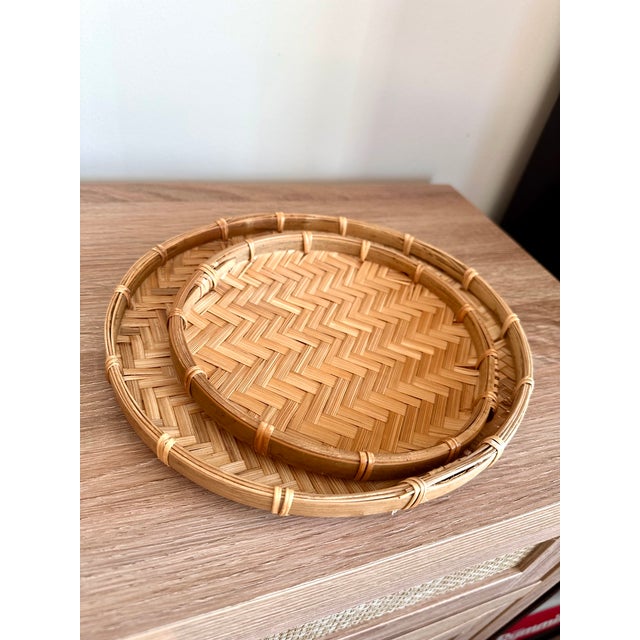 Handwoven Bamboo Round Decorative Trays, Set of 2 For Sale - Image 11 of 18