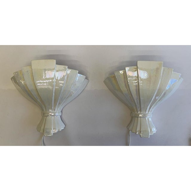 Fan Shaped Pearl Glazed Ceramic Wall Lamps, 1950s, Set of 2 For Sale - Image 11 of 13
