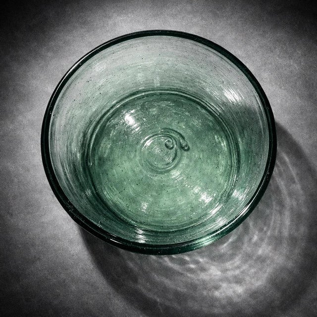Contemporary Mid 20th Century Organic Modern Handcrafted Artisan Blown Glass Centerpiece Bowl in Soft Aqua Green For Sale - Image 3 of 9