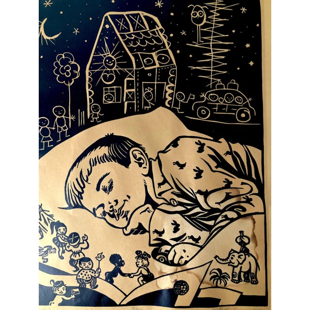 Dreaming boy, depicted in a linoleum cut, the subject is ''World freedom''. The Slovak artist and illustrator Lubomir...