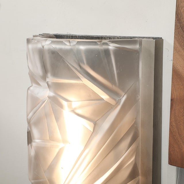 Metal Art Deco Molded & Frosted Glass W/ Abstract Cubist Geometric Motif Sconces For Sale - Image 7 of 18