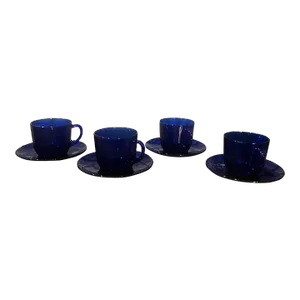 1960s Art Nouveau Style Cobalt Blue Glass Cup & Saucer Set- 8 Pieces