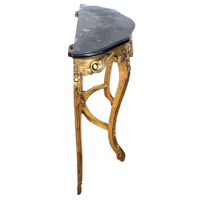 Wood Vintage Rococo French Style 20th C Gilt Carved Wood Marble Console Table & Mirror For Sale - Image 7 of 15