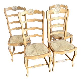 Vintage French Style Ladder Back Dining Chairs With Twine Seats - Set of 4 For Sale