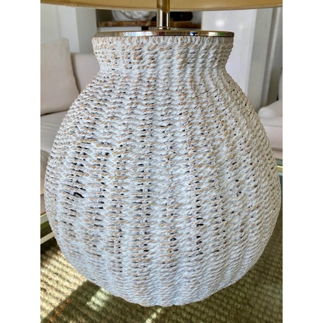 Wood White Washed Wicker Basket Lamp With Chrome Fittings For Sale - Image 7 of 9