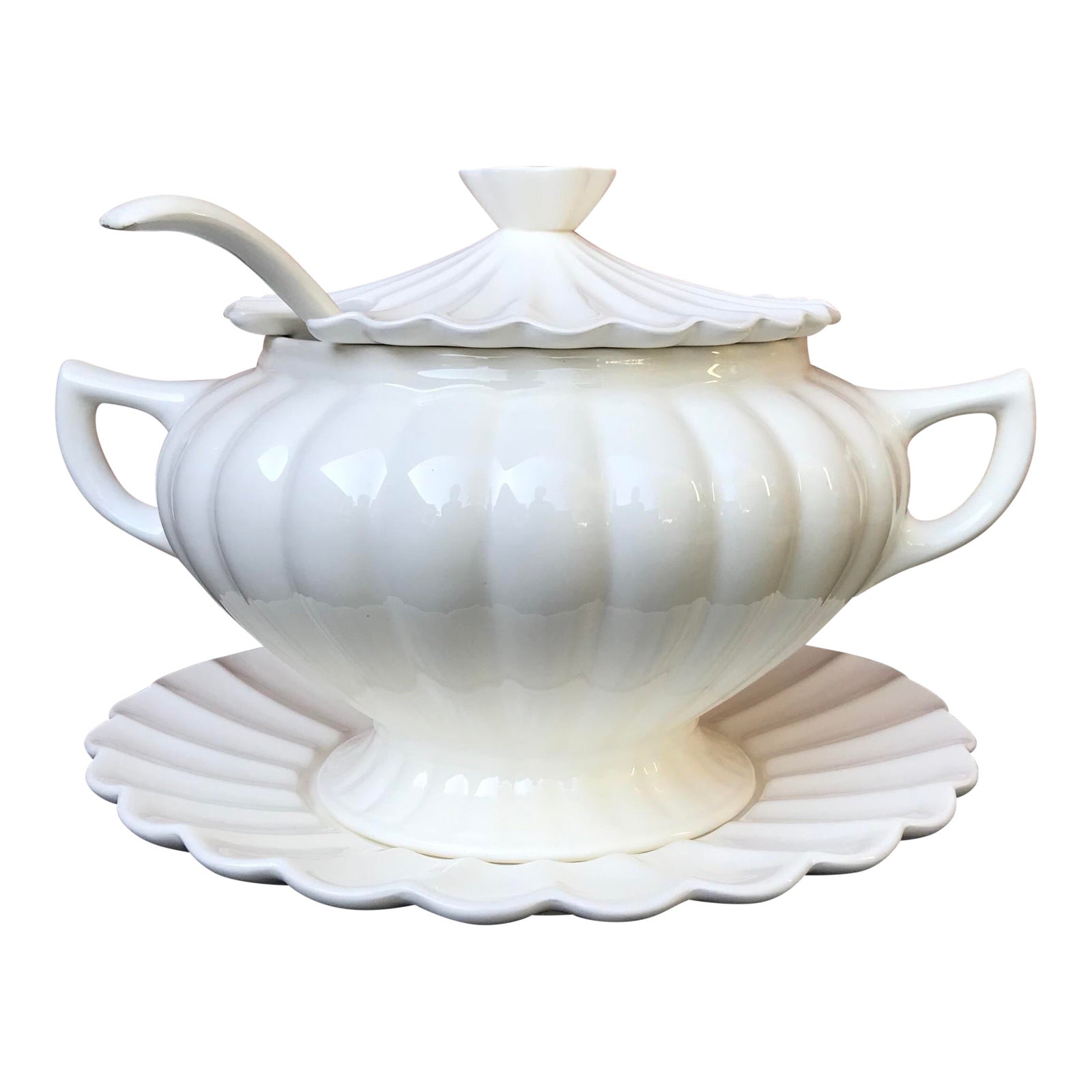 Vintage White Pagoda Shaped Soup Tureen With Ladle and Underplate Set